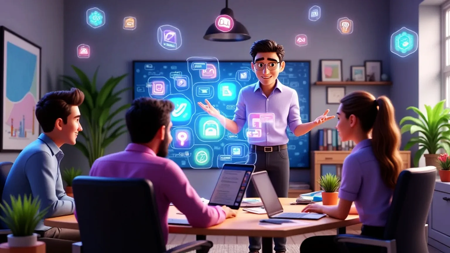 Imagen 3D de Brandketing: equipo creativo, branding, marketing y métricas en un entorno tecnológico